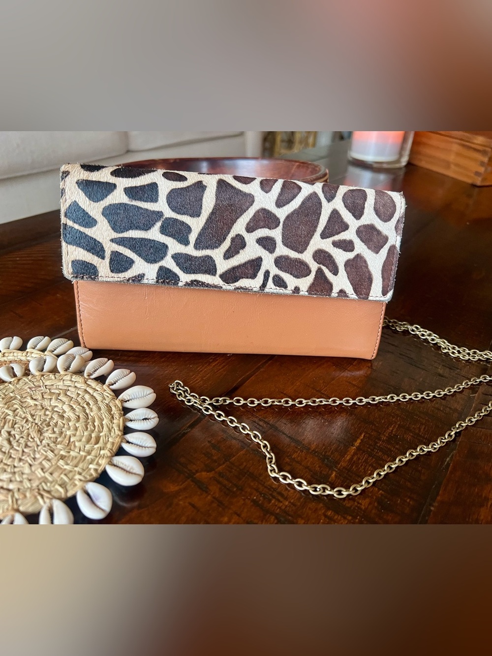 Leather Hair-On Hide Giraffe Print Crossbody Clutch Bag Tan Brown Statement